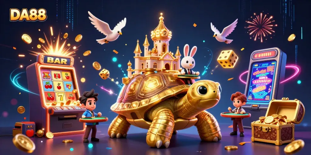 Engage with DA88's vibrant 3D casino scene, showcasing excitement and lavish winnings.