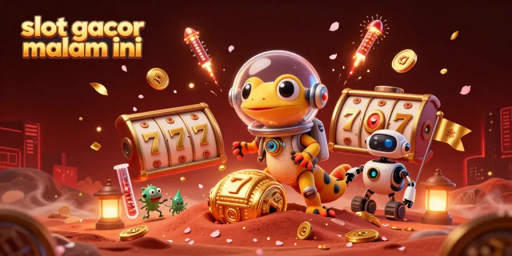 Menyaksikan keberuntungan dalam slot gacor malam ini, gecko Mars dan robot merayakan jackpot yang menakjubkan.
