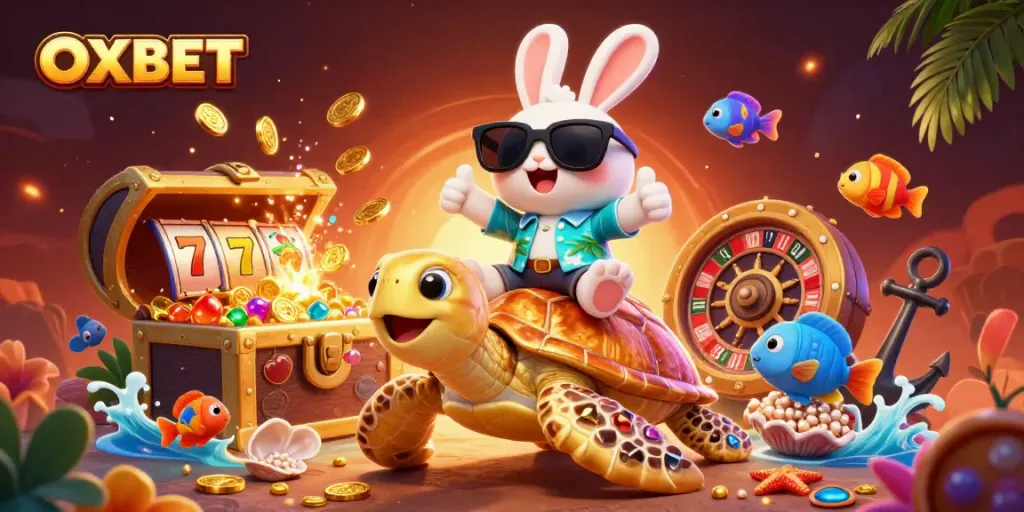 Exciting OXBET casino illustration with a lucky rabbit and golden turtle, highlighting vibrant gaming elements.