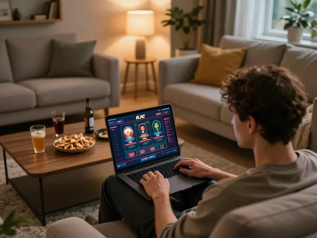 KJC online casino user engaging in gameplay on a laptop, creating a welcoming atmosphere in a cozy living space.