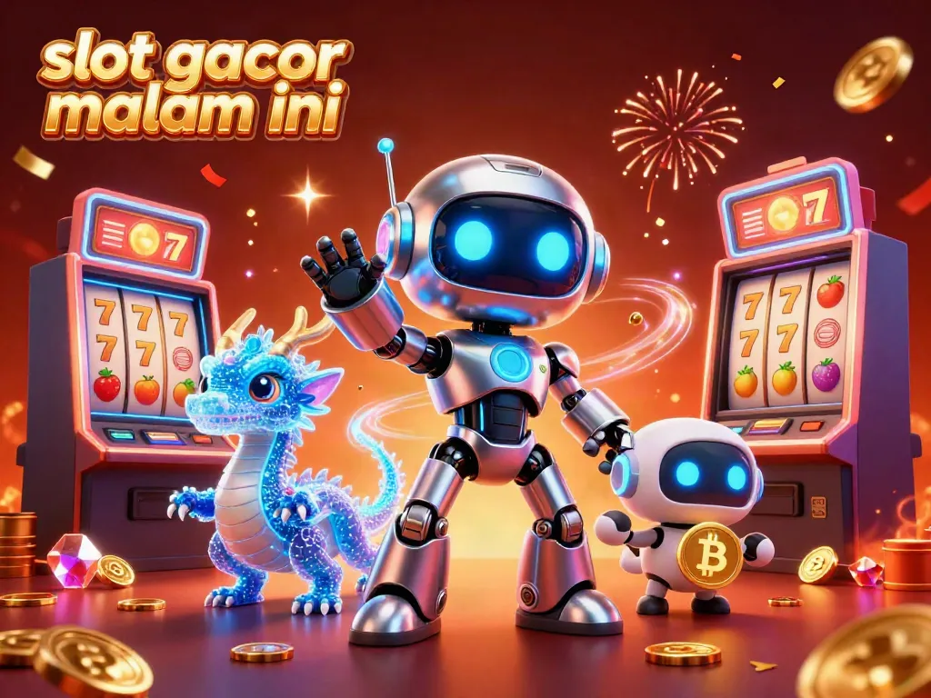 Raih kemenangan dengan slot gacor malam ini, ilustrasi robot dan naga AI dalam atmosfer kasino.