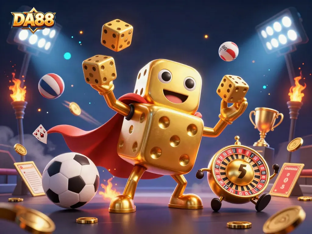 Experience thrilling action at DA88 with golden dice and sports elements in a vibrant casino scene.