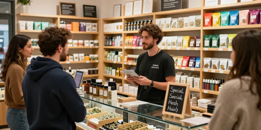 Buy hash online Canada showcased in a lively dispensary with customers exploring premium products.