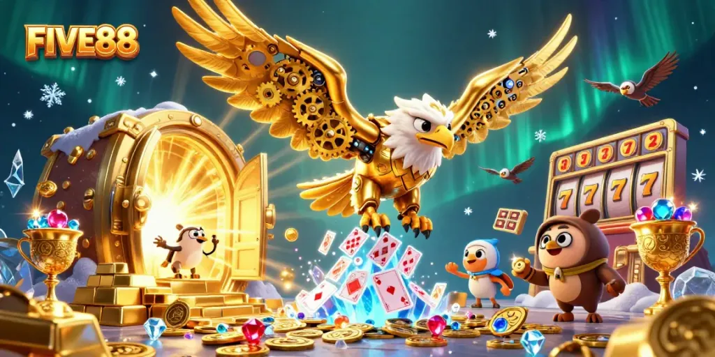 Experience excitement with FIVE88 in a vibrant 3D gambling-themed illustration featuring gold treasures and gaming celebrations.