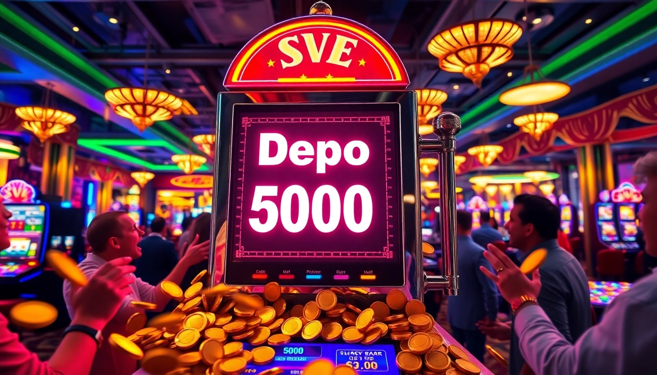 Permainan Slot Depo 5000 menarik perhatian di kasino dengan pencahayaan cerah.