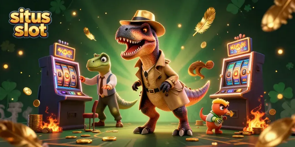 Watch the situs slot action as a velociraptor attempts to win big at the slot machine while a stegosaurus watches.