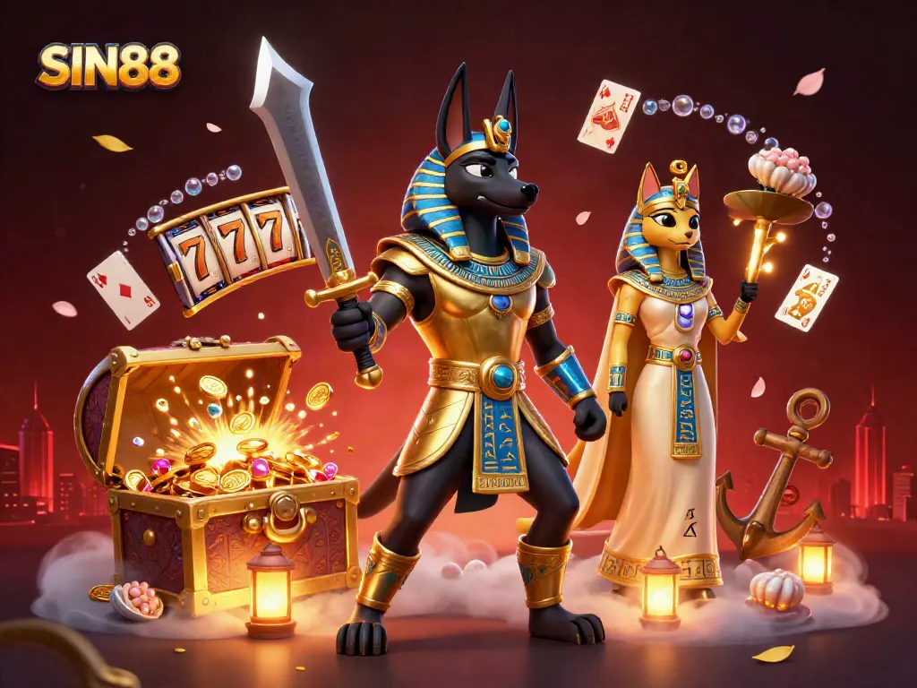 SIN88 showcases thrilling gameplay with Anubis and Bastet amid vibrant casino elements.