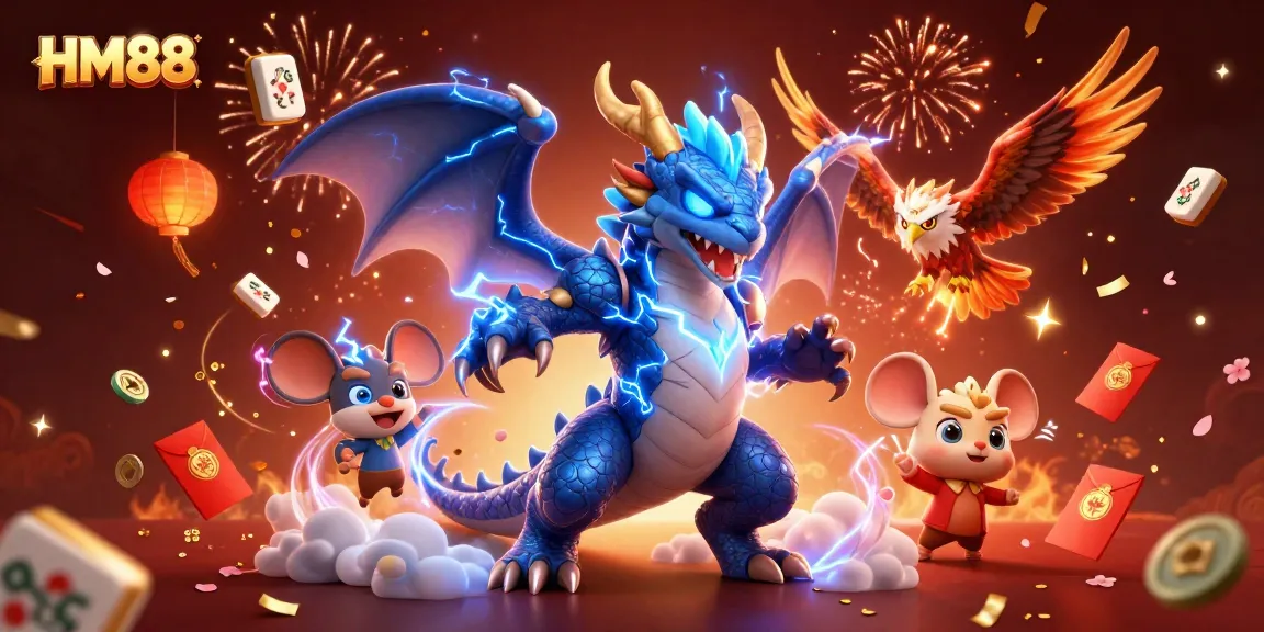 Experience the thrilling action of HM88 as a thunder dragon and hawk soar through a vibrant casino spectacle.