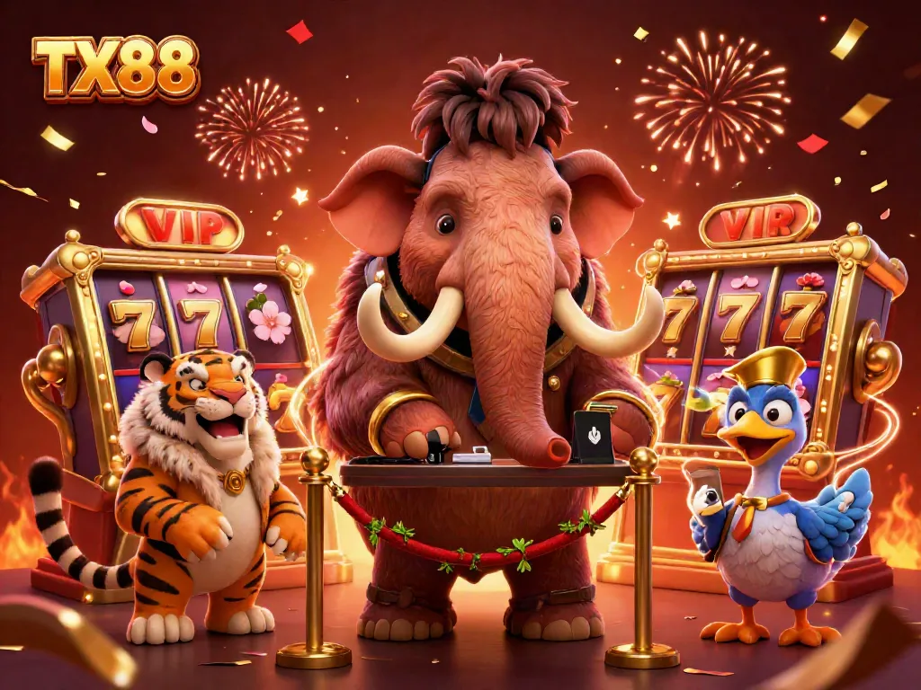 Engage in thrilling gameplay at TX88 with a vibrant casino scene featuring unique characters and captivating game elements.