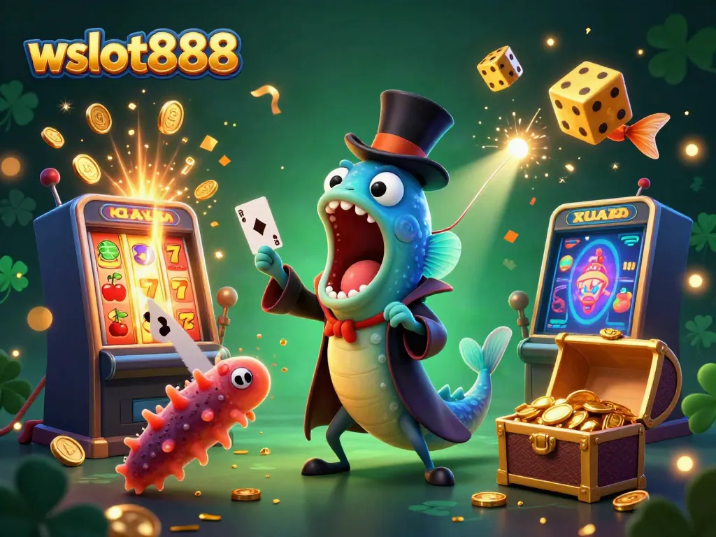 Permainan slot jackpot wslot888 dalam ilustrasi 3D, menggambarkan hiburan kasino yang menakjubkan.