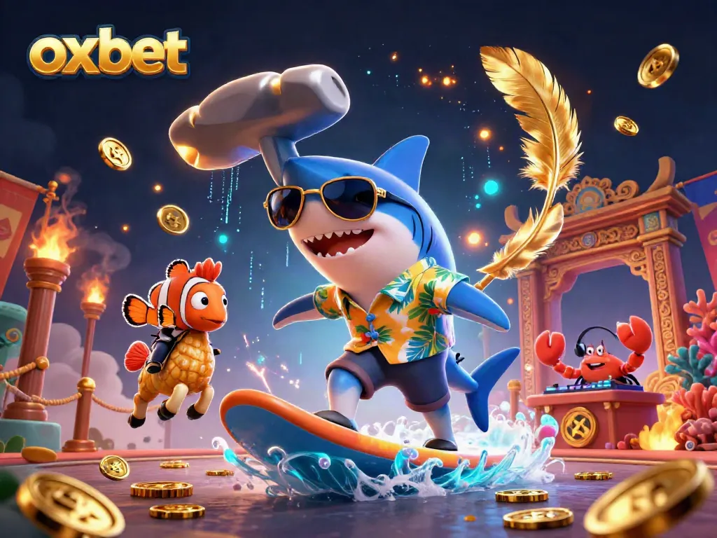 Experience thrilling gaming action with OXBET's vibrant 3D casino illustration showcasing casino elements and characters.