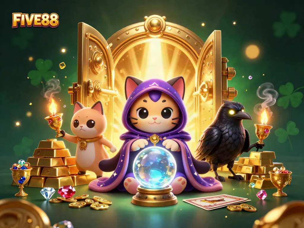 Experience the thrill of FIVE88 with vibrant casino characters and dazzling treasures!