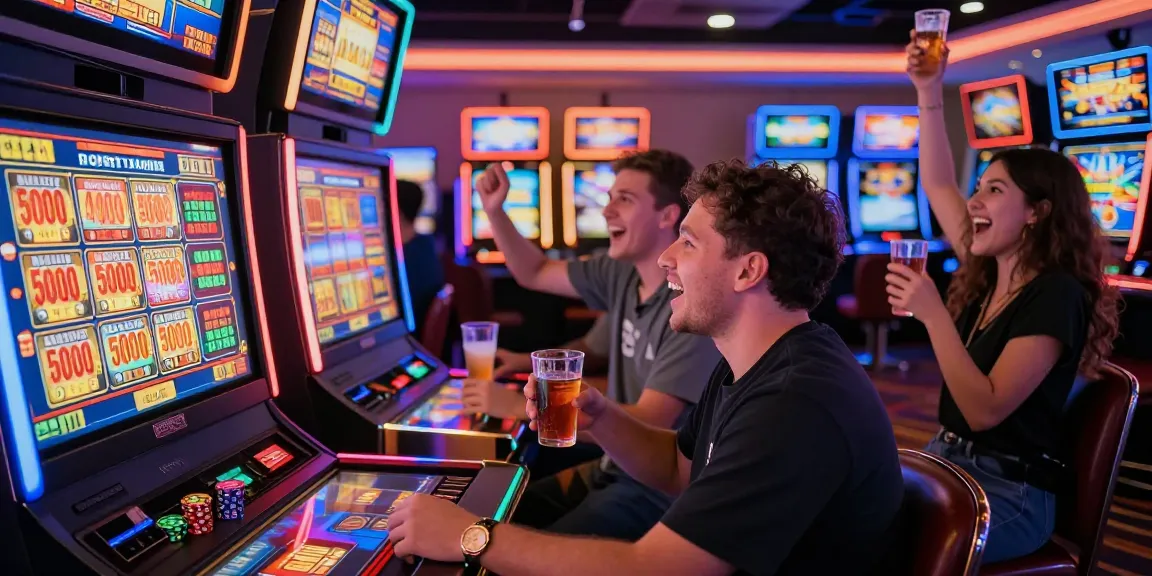 Exciting casino scene with players engaged in slot deposit 5000 games, celebrating wins and enjoying the vibrant atmosphere.