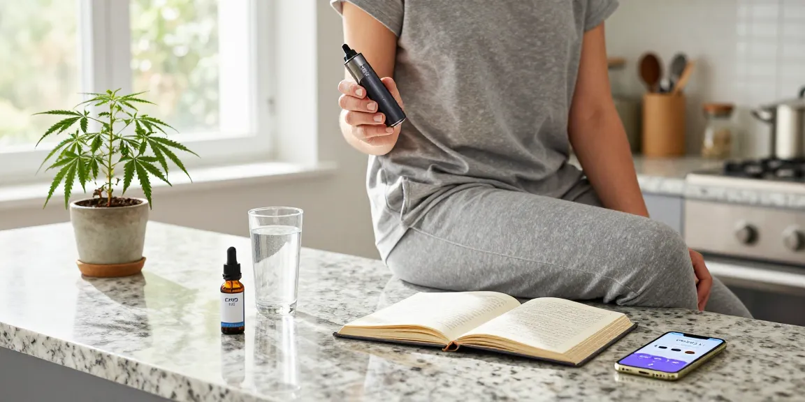 weed vape uk device held by individual in modern kitchen enjoying natural wellness moment with CBD oil and infused water