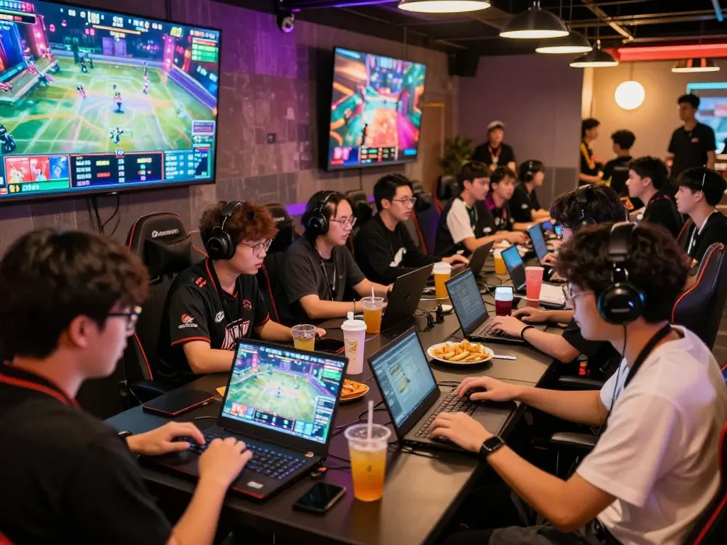 Dynamic esports betting scene in Singapore showing gamers engaging with live tournament action and betting odds.