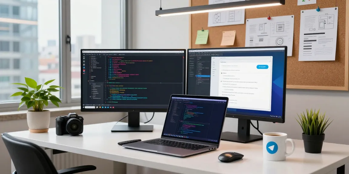 Developer coding on laptop in a modern workspace, showcasing telegram官网 features and app functionality.