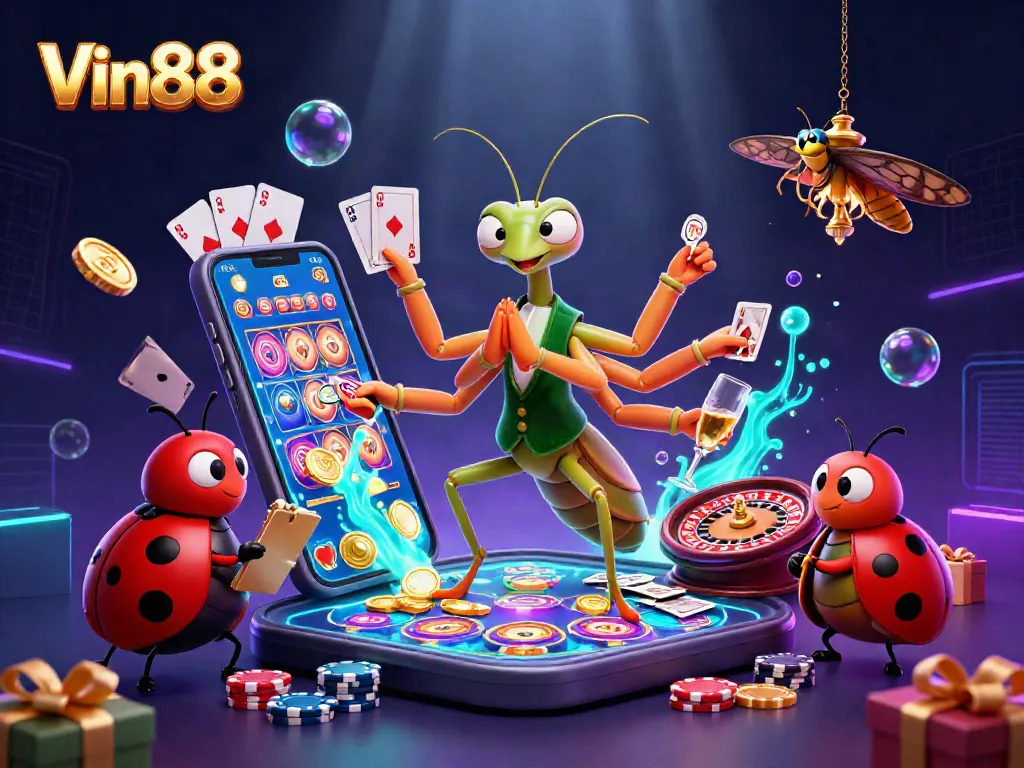 Engage with Vin88 in a vibrant casino scene featuring colorful games and animated characters.