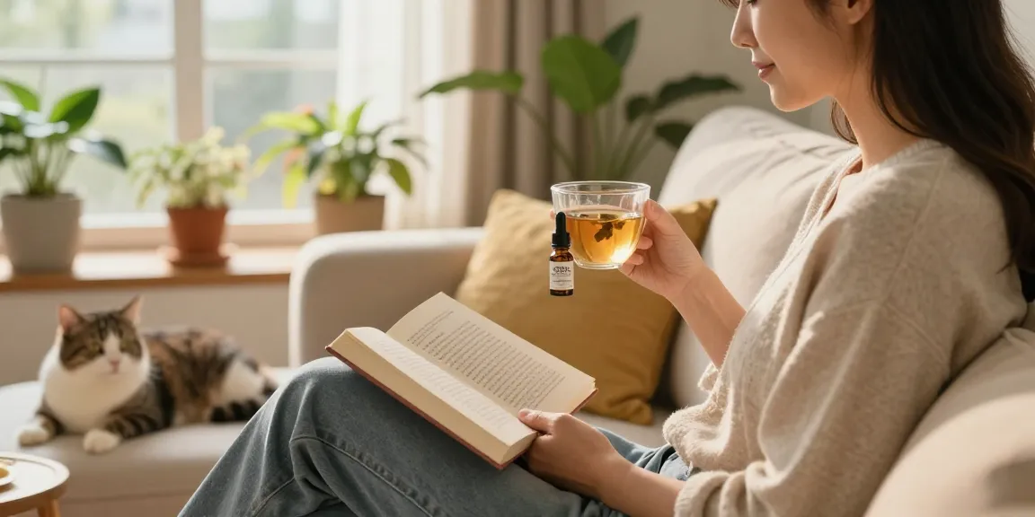 Relaxing home scene showcasing cbd canada wellness products with a woman enjoying full-spectrum CBD oil.