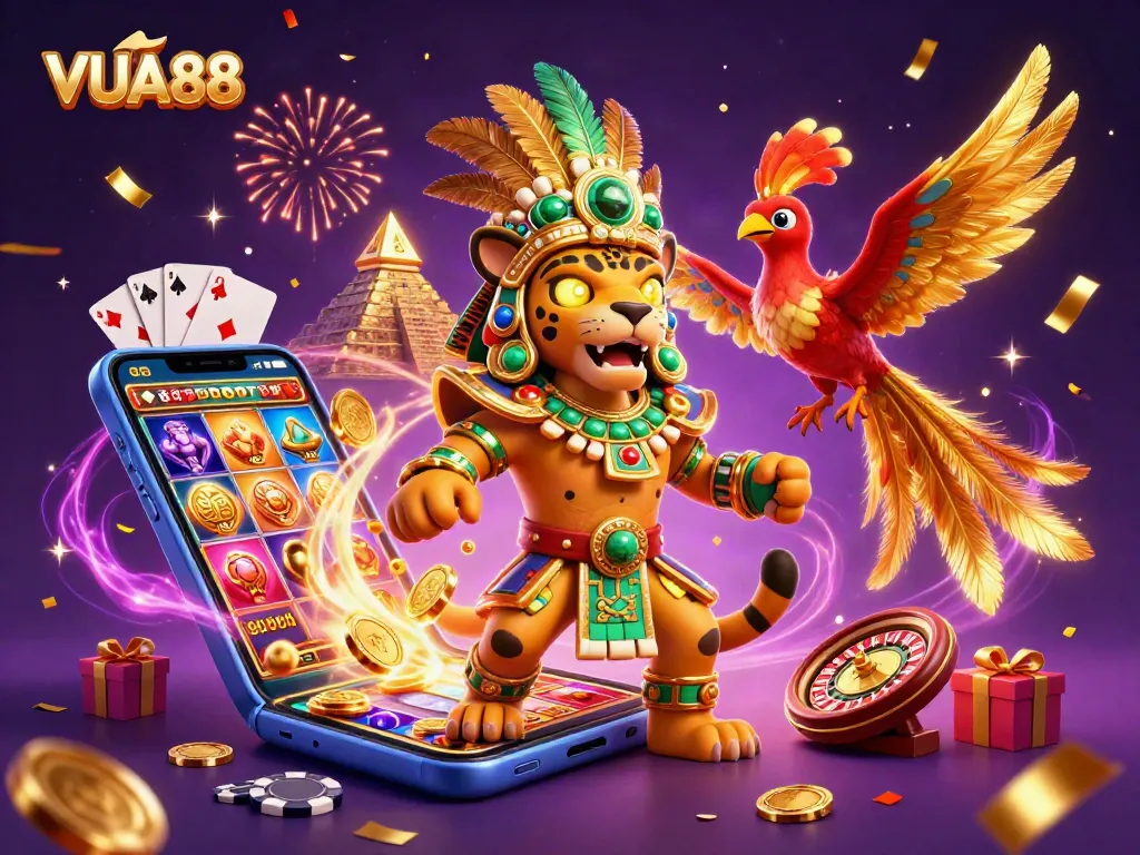 Spin the reels at VUA88 with vibrant casino elements and a mystical Mayan theme!