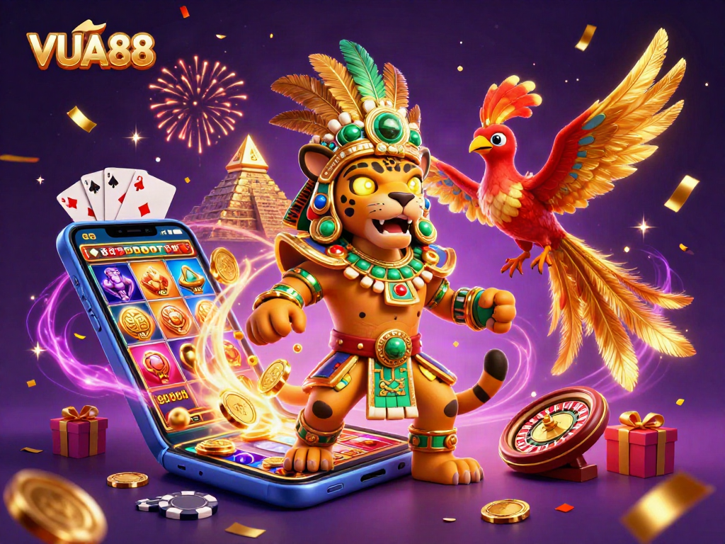Spin the reels at VUA88 with vibrant casino elements and a mystical Mayan theme!