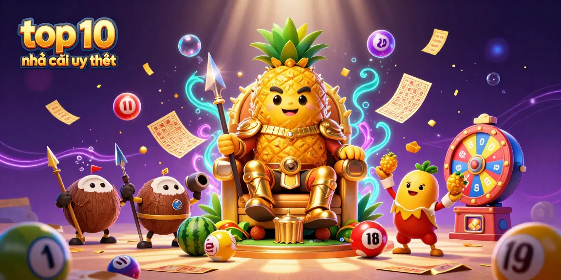 Engage with the thrilling scene showcasing top 10 nhà cái uy tín, featuring a golden pineapple king and vibrant casino elements.