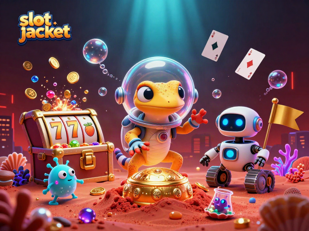 Experience thrilling slot jackpot wins with a Martian gecko uncovering treasures in a vibrant casino.