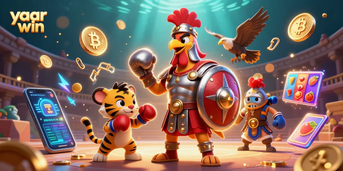 Spin the reels with yaar win in this vibrant 3D casino scene featuring crypto coins and gaming action.