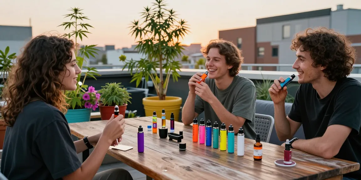 Engaging rooftop gathering showcasing thc vapes uk and premium vape flavors, highlighting the social aspect of natural wellness.