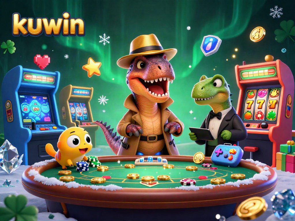 Kuwin's vibrant 3D casino scene features a velociraptor at blackjack, enriching gameplay with fun.