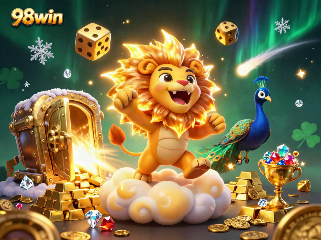 Experience the excitement of 98win with a vibrant 3D casino scene featuring characters and gold treasures.