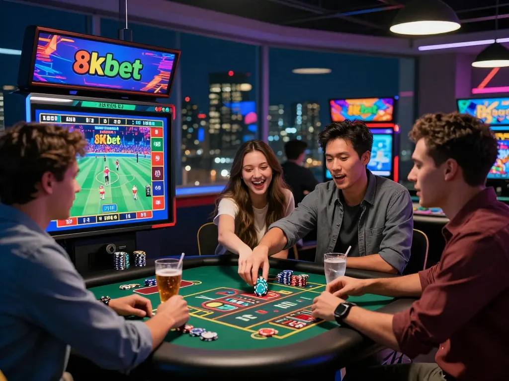 Group enjoying the 8kbet platform while placing bets and playing casino games in an energetic gaming environment.