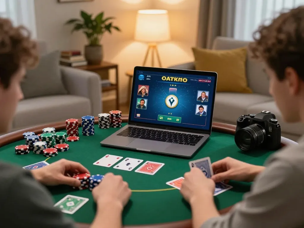 HB88 players strategizing in an immersive online poker game setting, surrounded by cozy home decor.