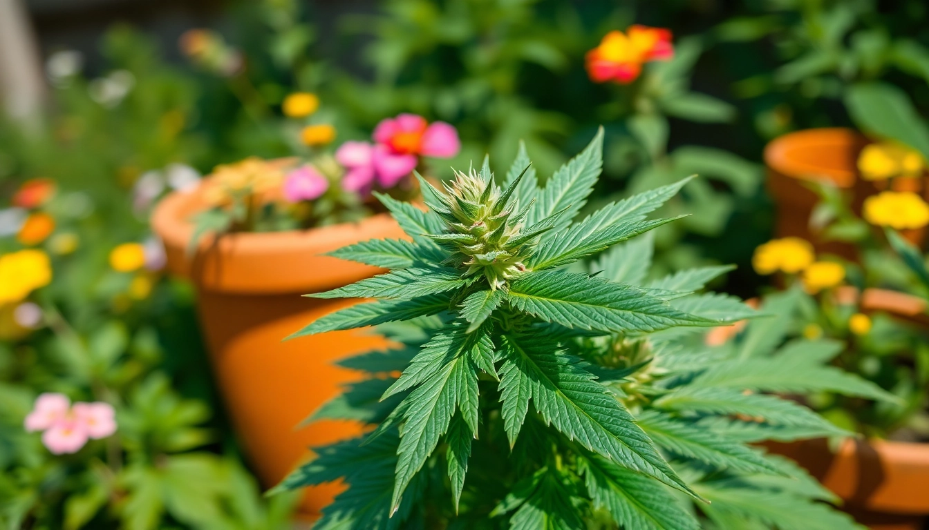 Showcase cannabis for sale with a close-up of a vibrant plant in a serene garden setting.