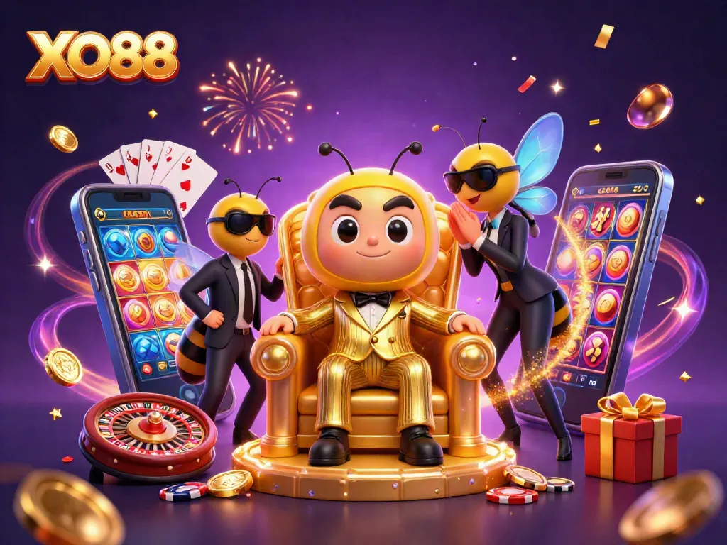 Experience the thrilling world of XO88 with a vibrant casino scene packed with action and excitement.