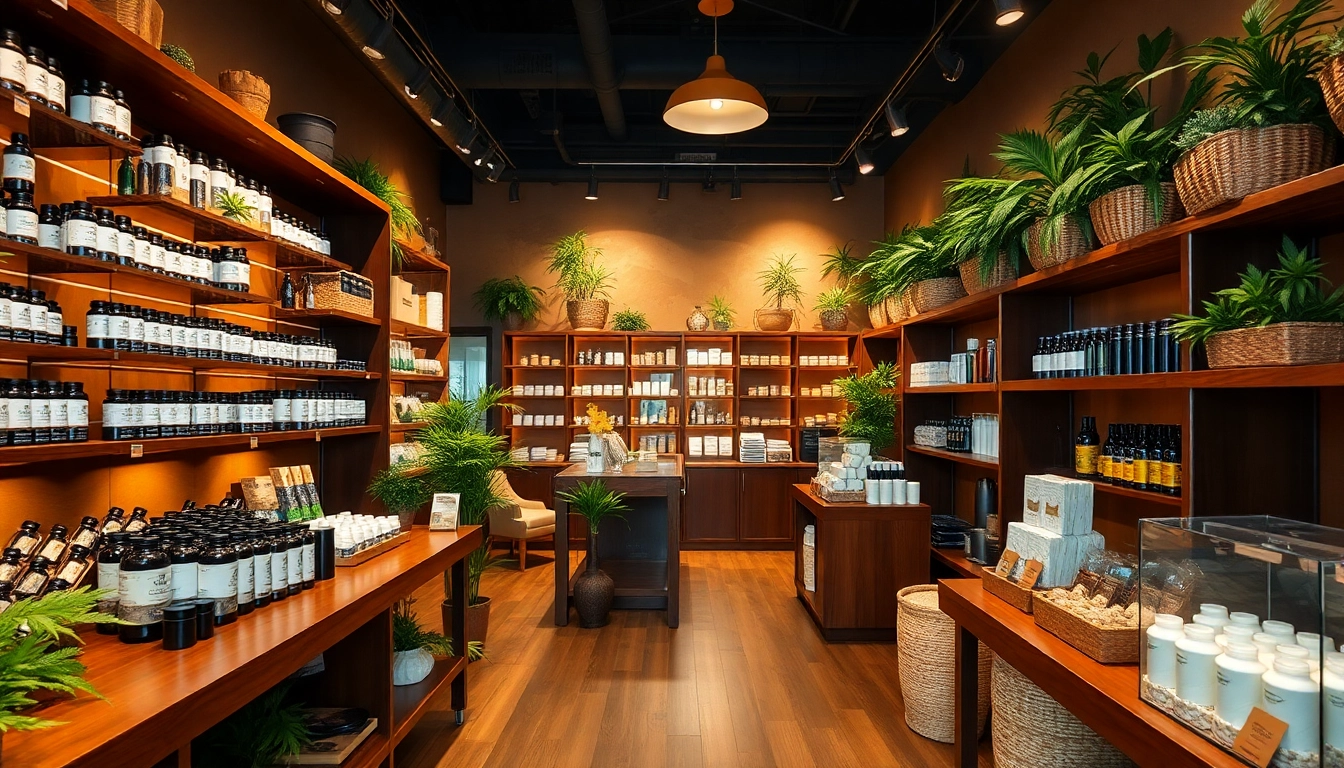 Cannabis shop interior filled with high-quality products, warmly lit for a welcoming atmosphere.