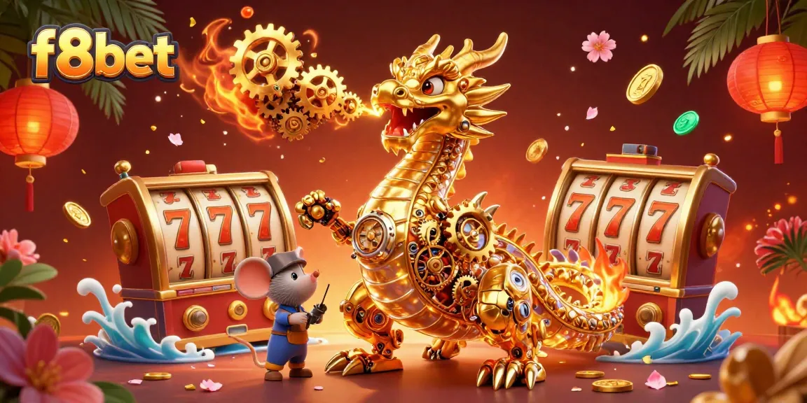 Experience exciting gameplay at f8bet with a golden dragon and slot reels amidst rich casino elements.