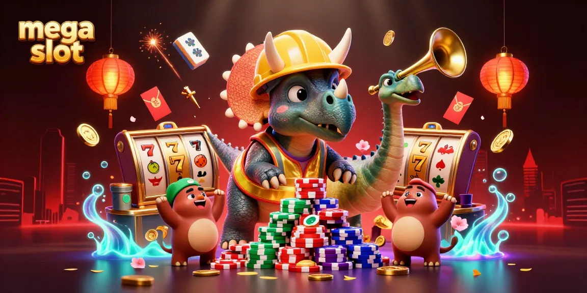 Tarik jackpot mega slot dengan triceratops dan simbol slot yang berwarna-warni dalam suasana ceria.