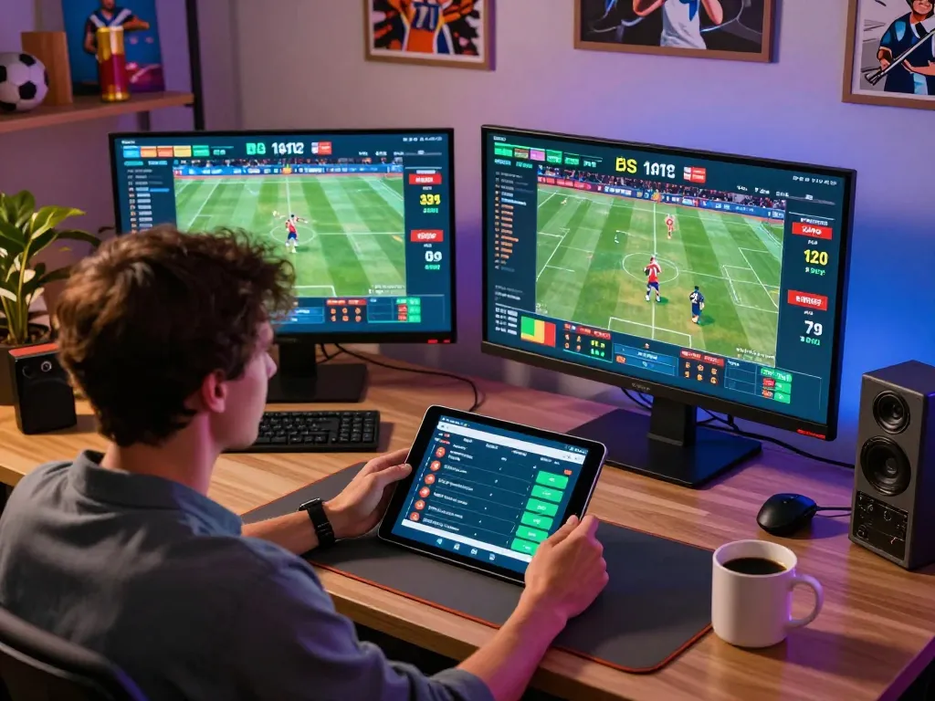 Engaging moment of player using fly88 to place live sports bets on tablet, displaying colorful sports odds.