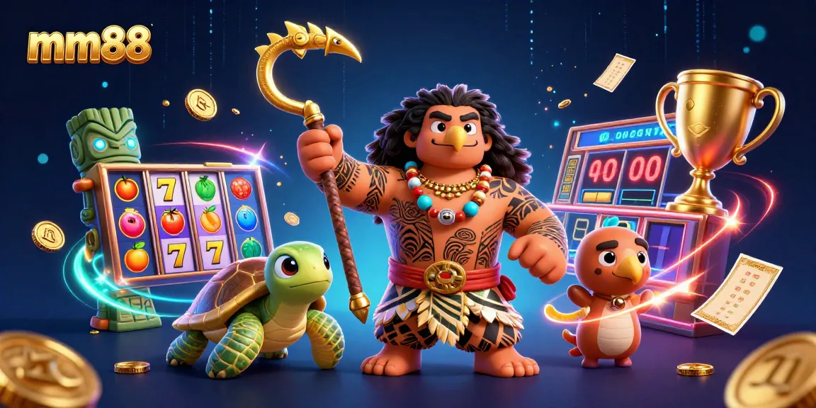 Spin the reels at mm88 with a vibrant 3D casino scene featuring winning slot machine elements.