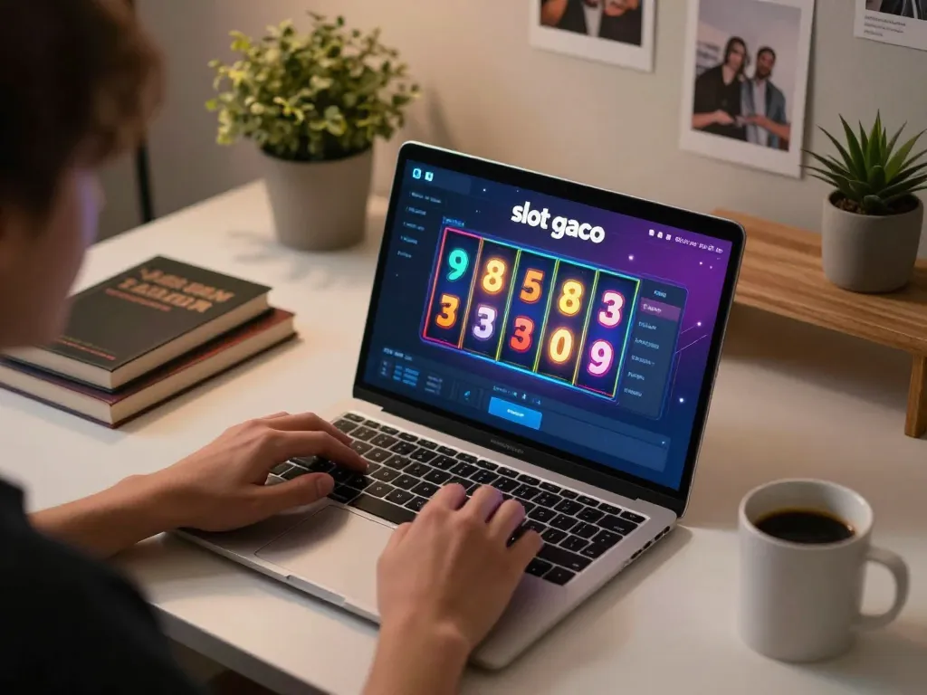 Engaging gameplay on slot gaco shown on a laptop screen with vibrant graphics and user-focused atmosphere