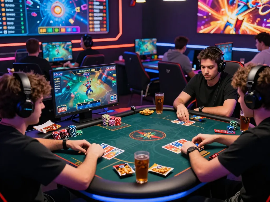 Action-packed scene of players in Game bài hubet88 card game competition with vibrant graphics and lively atmosphere.