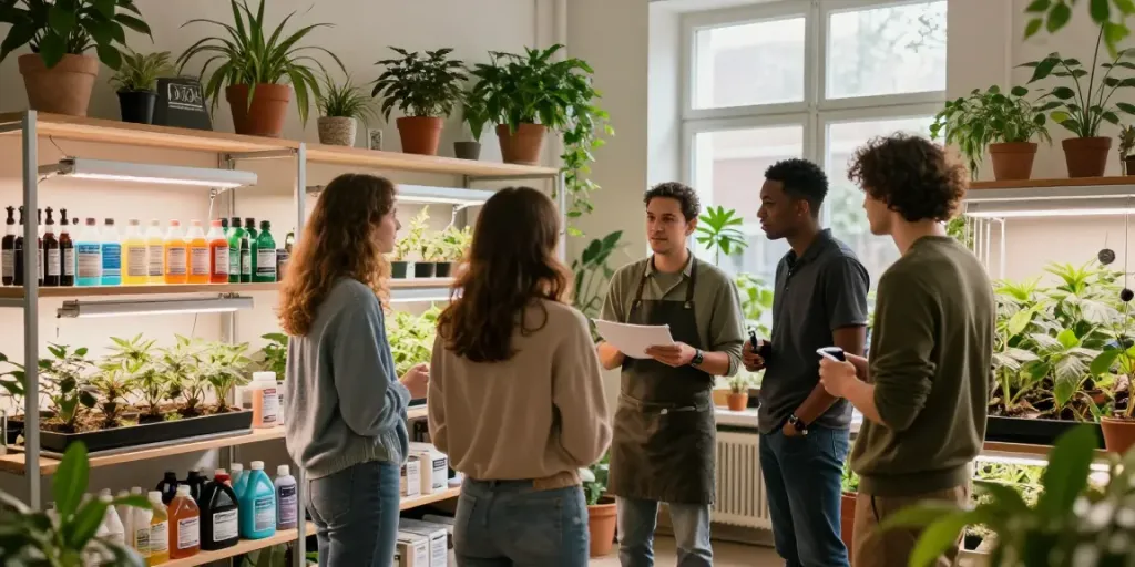 Growshop Berlin interior with customers interacting, vibrant plants, and quality supplies.