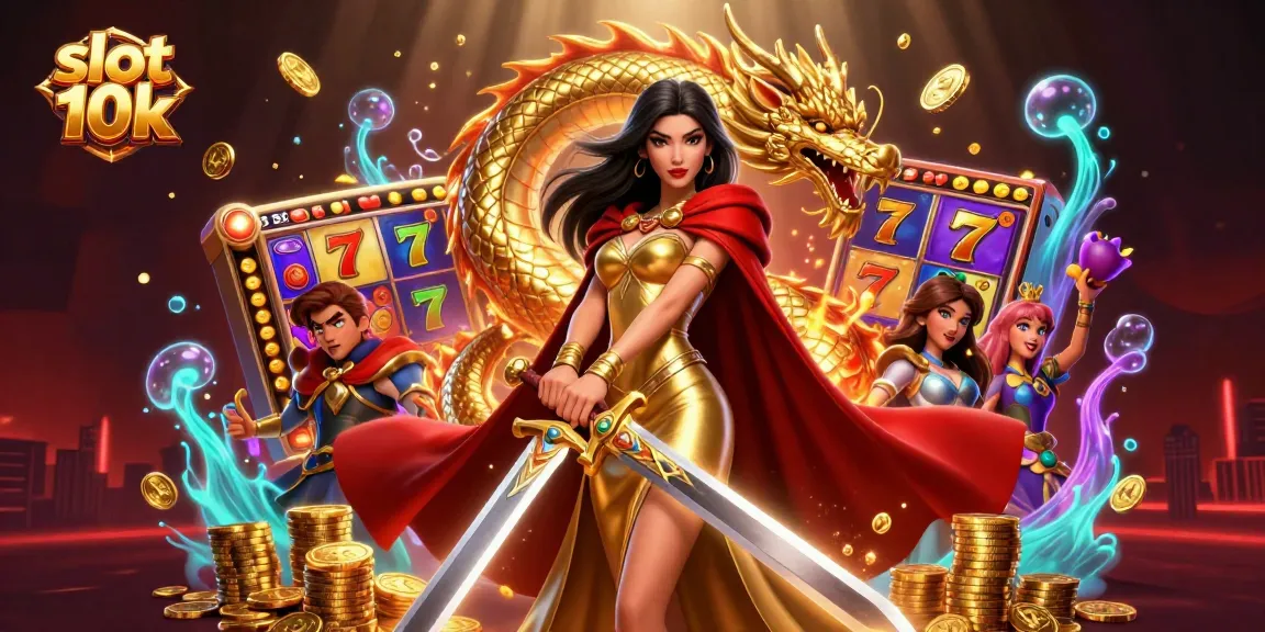 Experience the thrill of slot 10k with vibrant reels and golden coins in this dynamic casino scene.