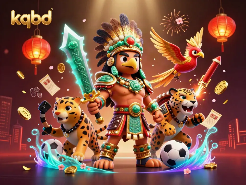 Experience kqbd's energy with a vibrant illustration of sports betting featuring Aztec characters and dynamic casino elements.