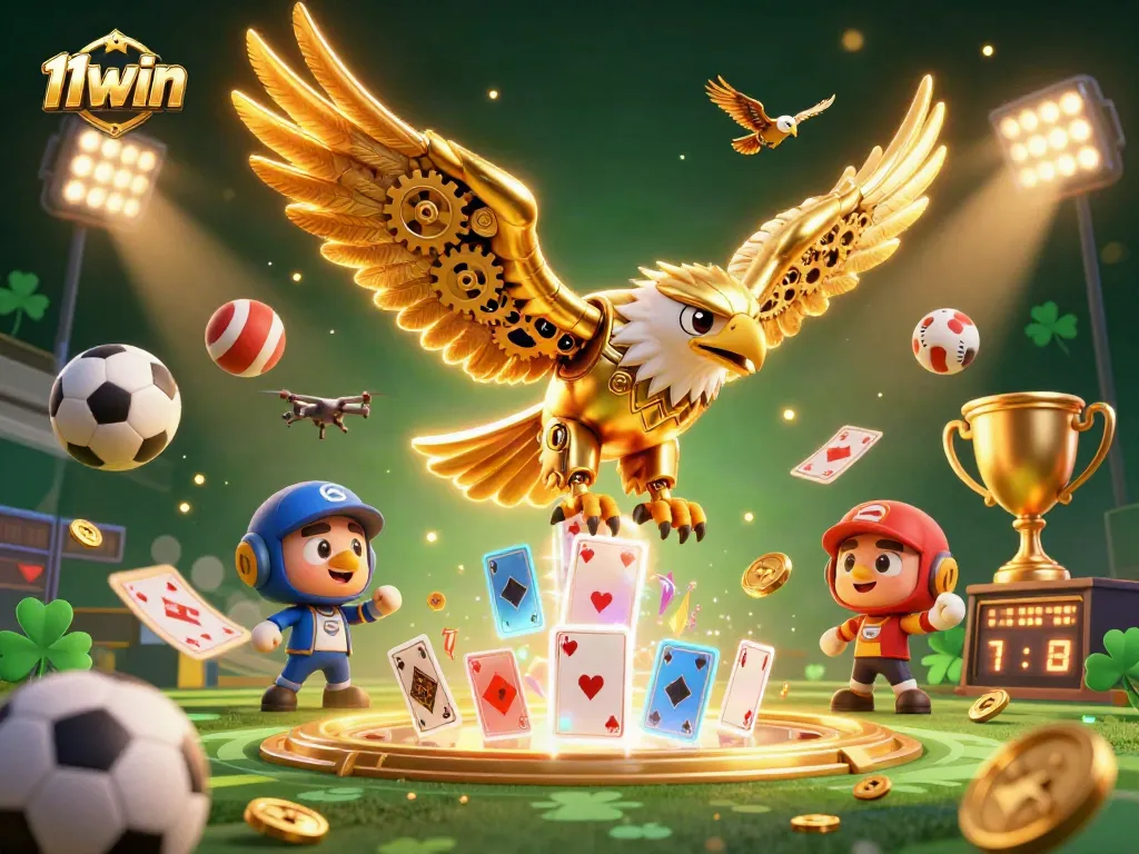 Experience thrilling action with 11WIN in a vibrant 3D casino illustration featuring golden eagle and sports elements.