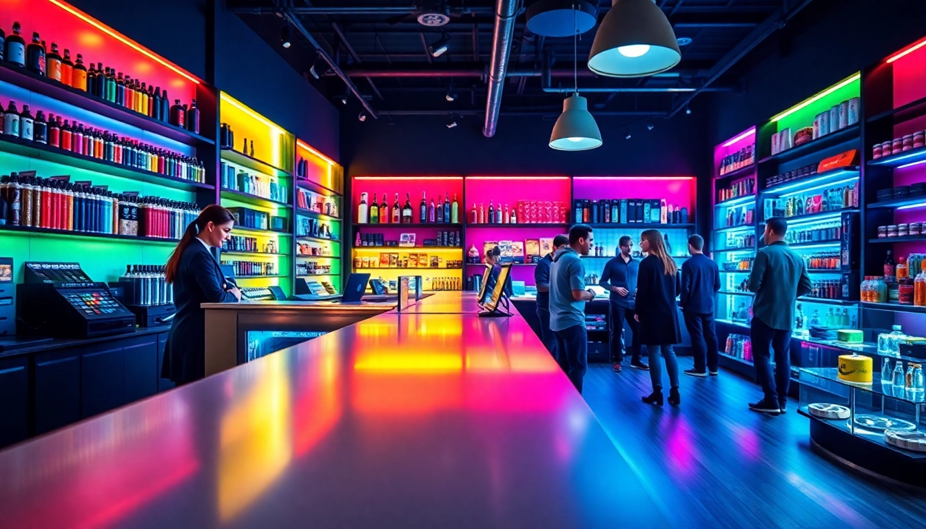 Explore the vibrant products and friendly staff at a modern vape shop.