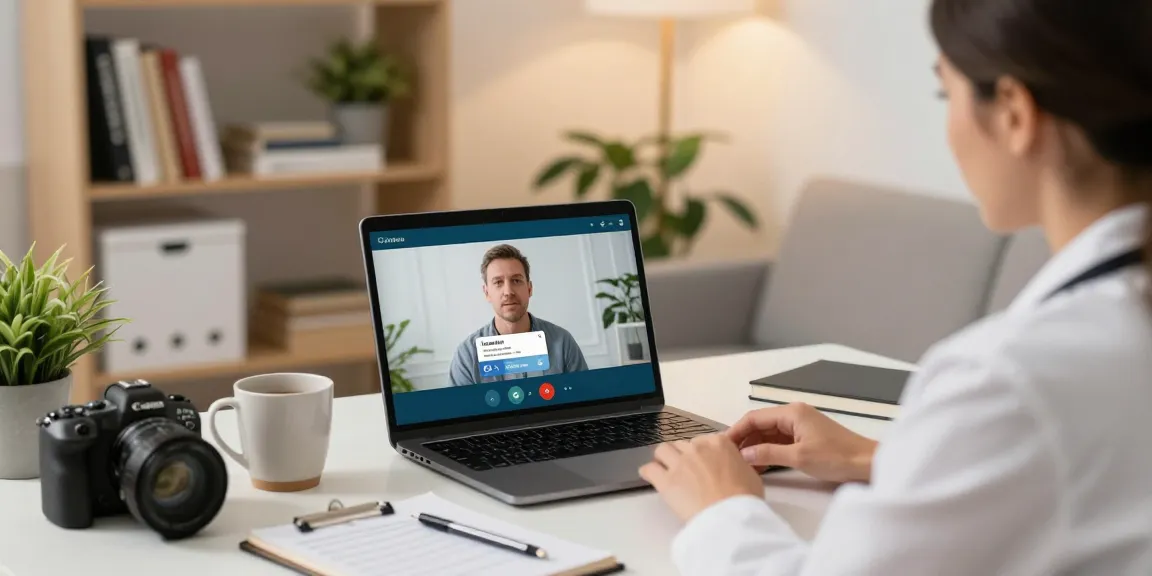 Healthcare professional discussing medical marijuana card online during a telehealth consultation in a welcoming home office.