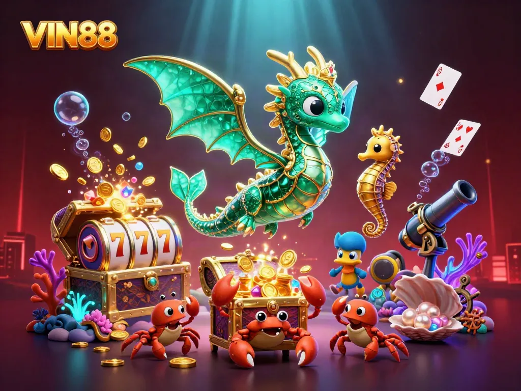 Experience exhilarating games at VIN88 with an emerald sea dragon and treasure elements.