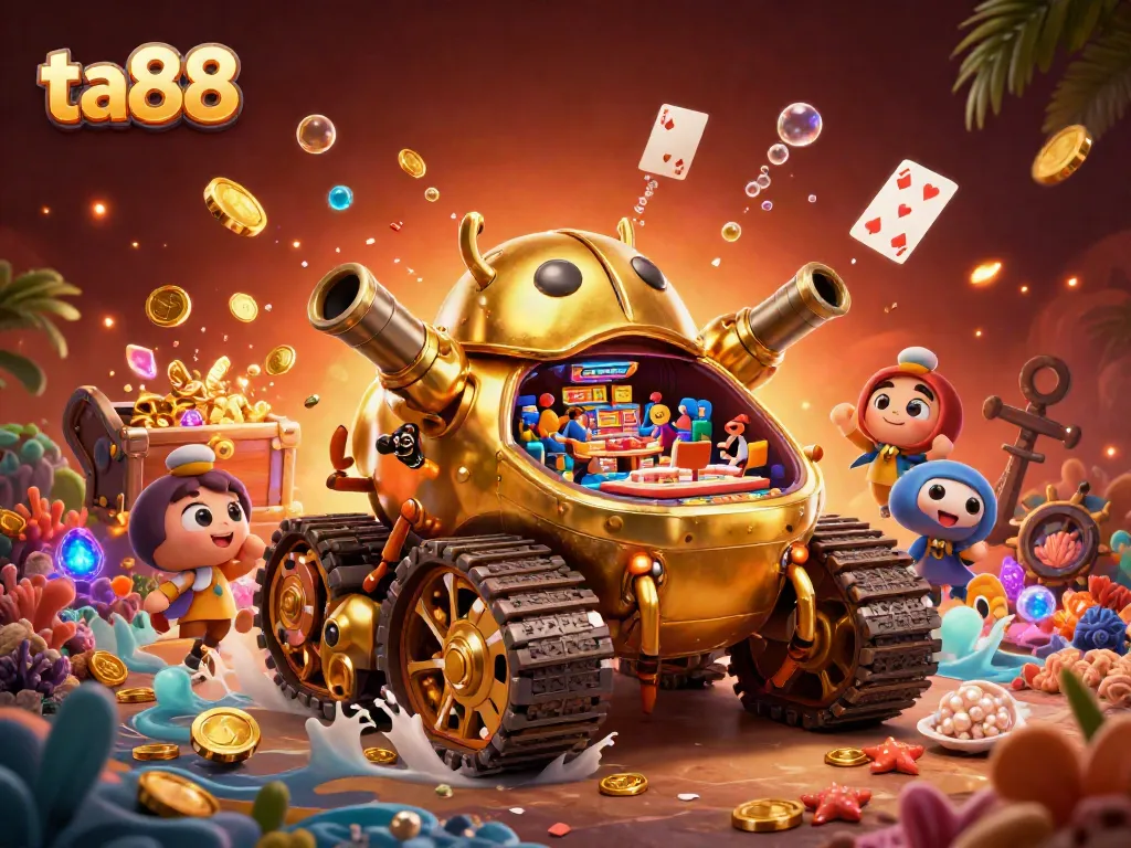 Play exciting games at ta88 with a vibrant scene of a golden beetle tank casino surrounded by treasure.