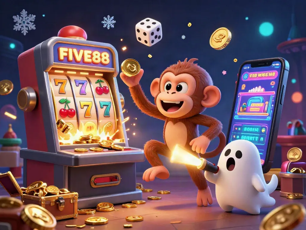 Experience the excitement of FIVE88 with a poltergeist monkey juggling casino treasures in a lively setting.